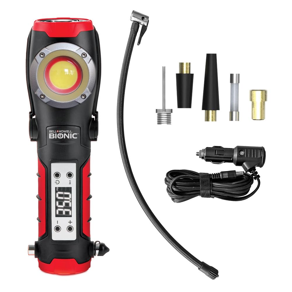 BIONIC RESCUE - Compressore d'aria portatile con luce da lavoro e rompi finestre, pompa ad aria da 1500 mAh con manometro, luce da lavoro a LED, luci di emergenza per veicoli, ricaricabile (150 PSI)