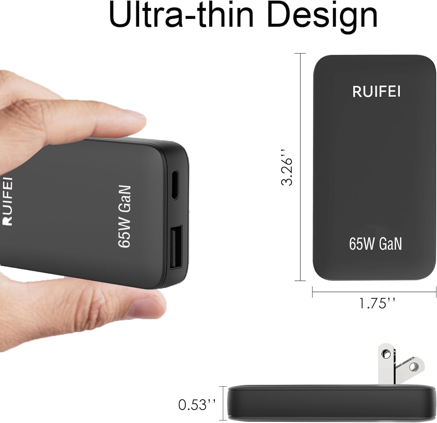 65W USB c charger,Flat USB Wall Charger,Dual USB C Charger with Foldable Plug for Travel,supports PD3.0 and PPS protocols,fasting charger with GaN for laptops,tablets,phones,etc, Black