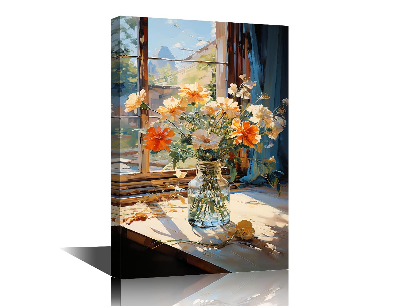 Colorful Flowers Home Decor Art Prints Window Flower Artwork Seashore Wave Painting for Bathroom Bedroom Vase by the Windowsill Print on Canvas Stretched and Framed Ready to Hang (12" Wx18 H)