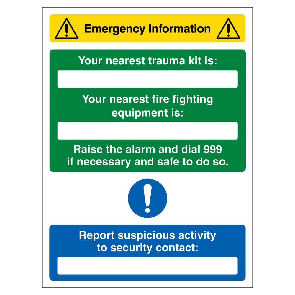 V Safety Emergency Information - Nearest Trauma Kit/Fire Equipment Is 300 x 400mm - 1mm Rigid Plastic Safety Sign