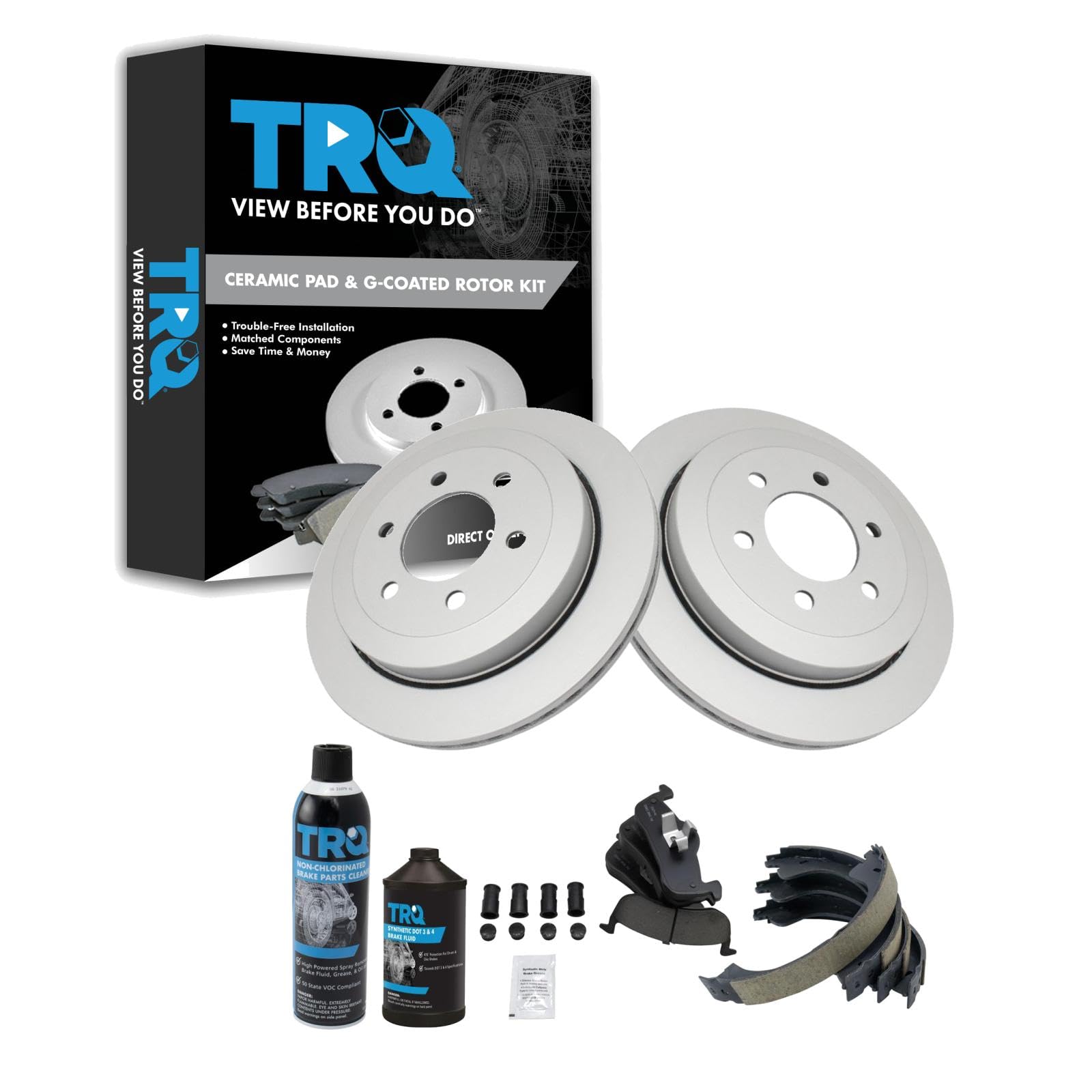 TRQ Rear Brake Pad &amp; Rotor Kit, with Chemical Kit Parking Brake Shoe Set Ceramic Premium G-Coated Compatible with 2007-2017 Ford Expedition Lincoln Navigator