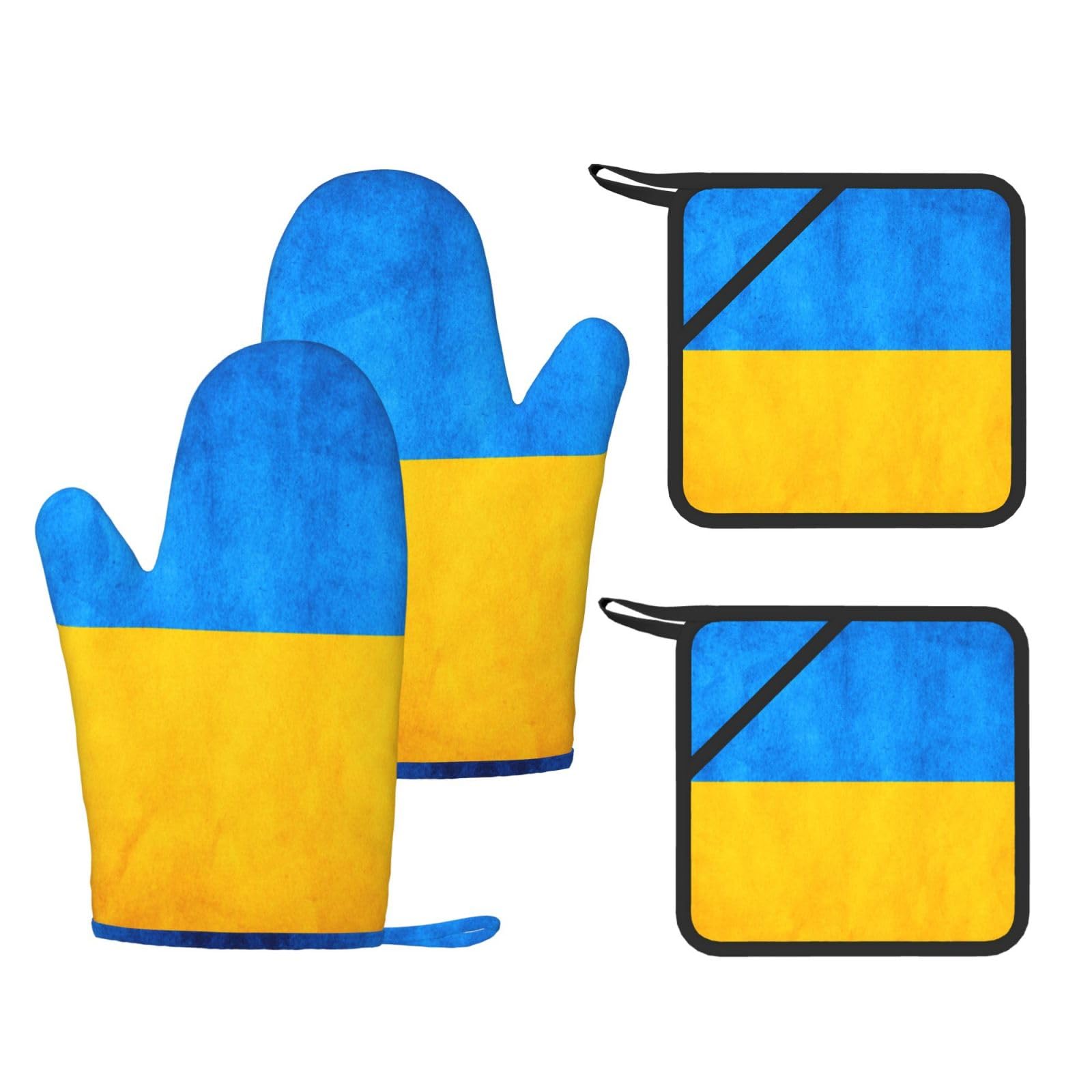 Ukrainian flag Printed Kitchen Oven Gloves and Potholder 4 Pcs, Non-Slip Heat Resistant Mitts for Baking Chef