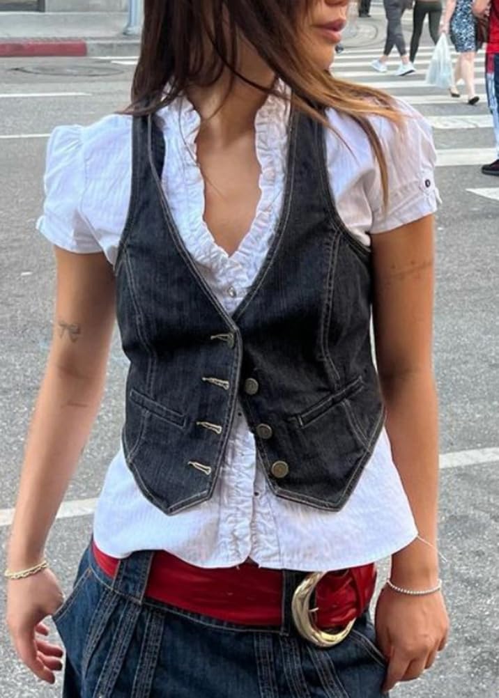 ORANDESIGNE Donna Vintage Y2K Gilet Slim Fit Button Down Scollo a V Senza Maniche Gilet Casual retrò Gotico Punk Streetwear