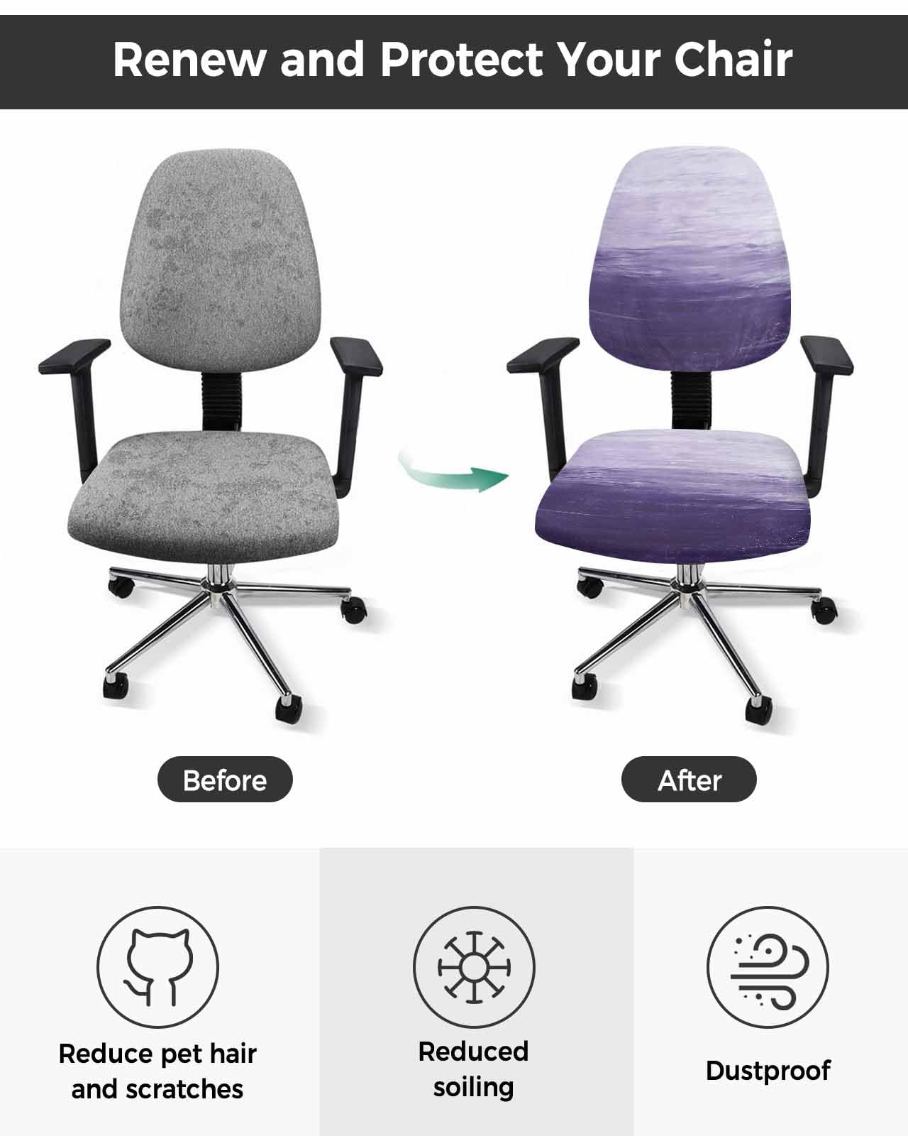 Purple 2 Pieces Computer Office Chair Covers Set,Stretchable Desk Rotating Chair Seat Cushion Slipcover Back Covers,Modern Minimalist Ombre Abstract Smear Art Slipcover Back Cover,Protectors Cover