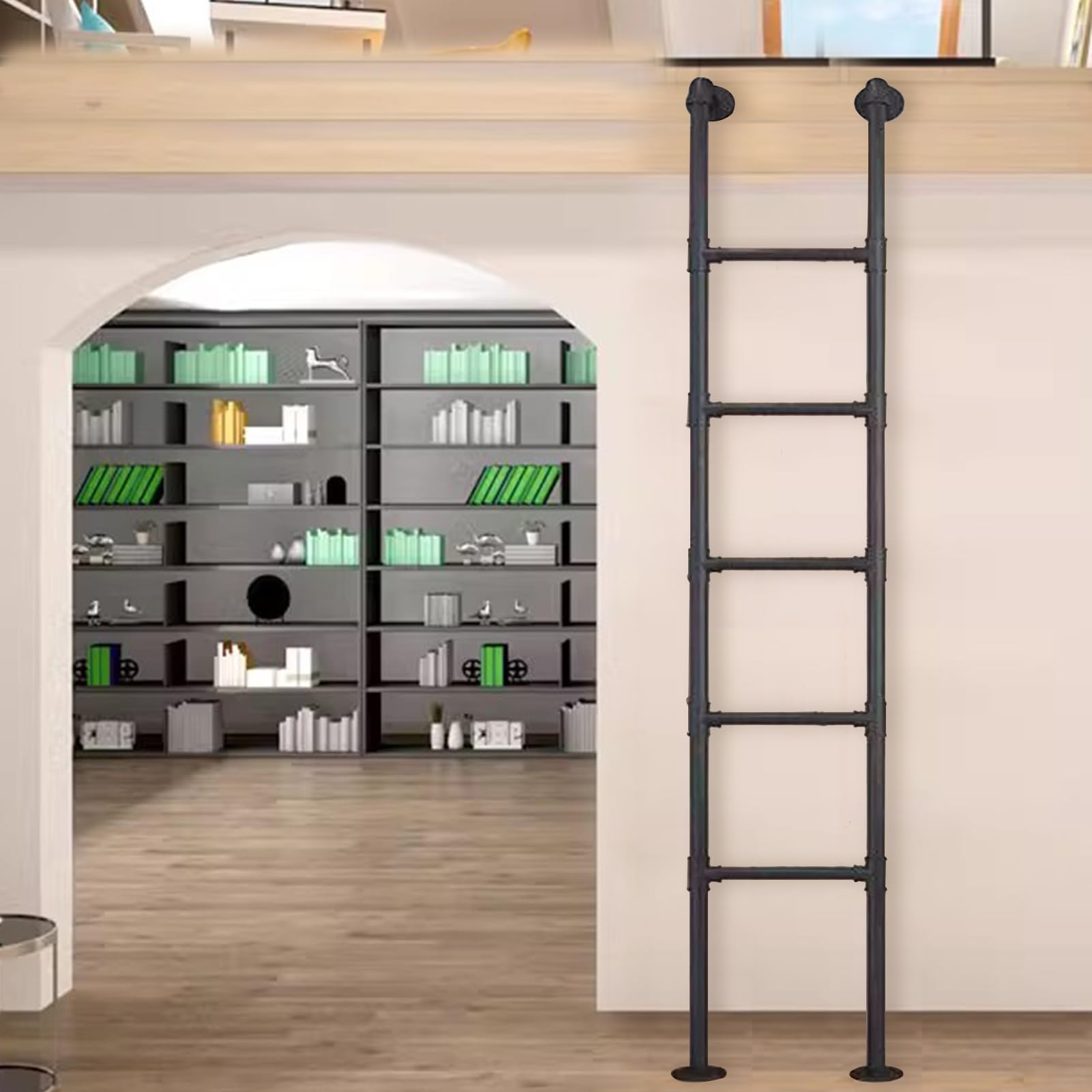 Échelle murale en métal pour bibliothèque et sous-sol avec fixation sécurisée noire