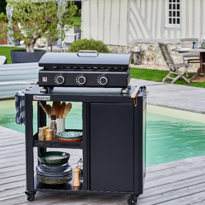 BRASERO BY FAVEX – Plancha gaz Silvia IIG 3 feux – Plaque acier revêtement céramique 67 x 34 cm – 7,95 kW – Jusqu'à 10 convives – Capot de protection inclus