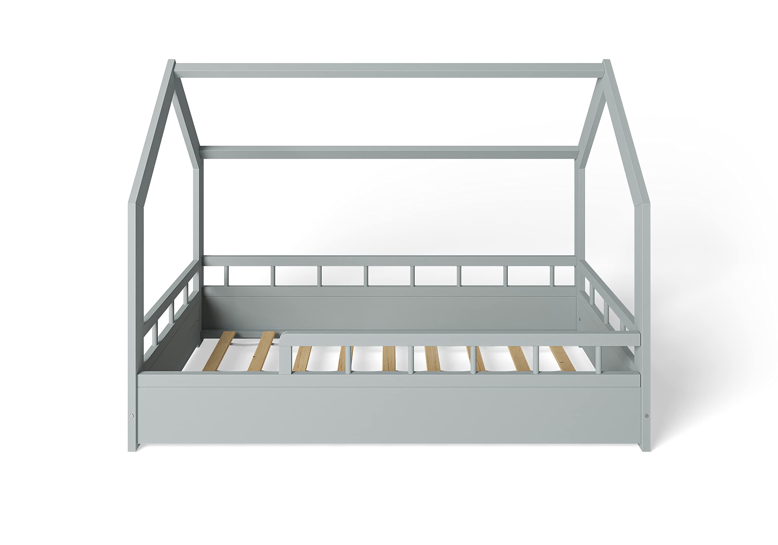 MS FACTORY Letto Casetta in Massello 80x160cm con Telaio a Doghe - Letto per Bambini Singolo con Sponda Anticaduta - Stile Scandinavo Nordico Montessori - Mezze Barriere Grigie