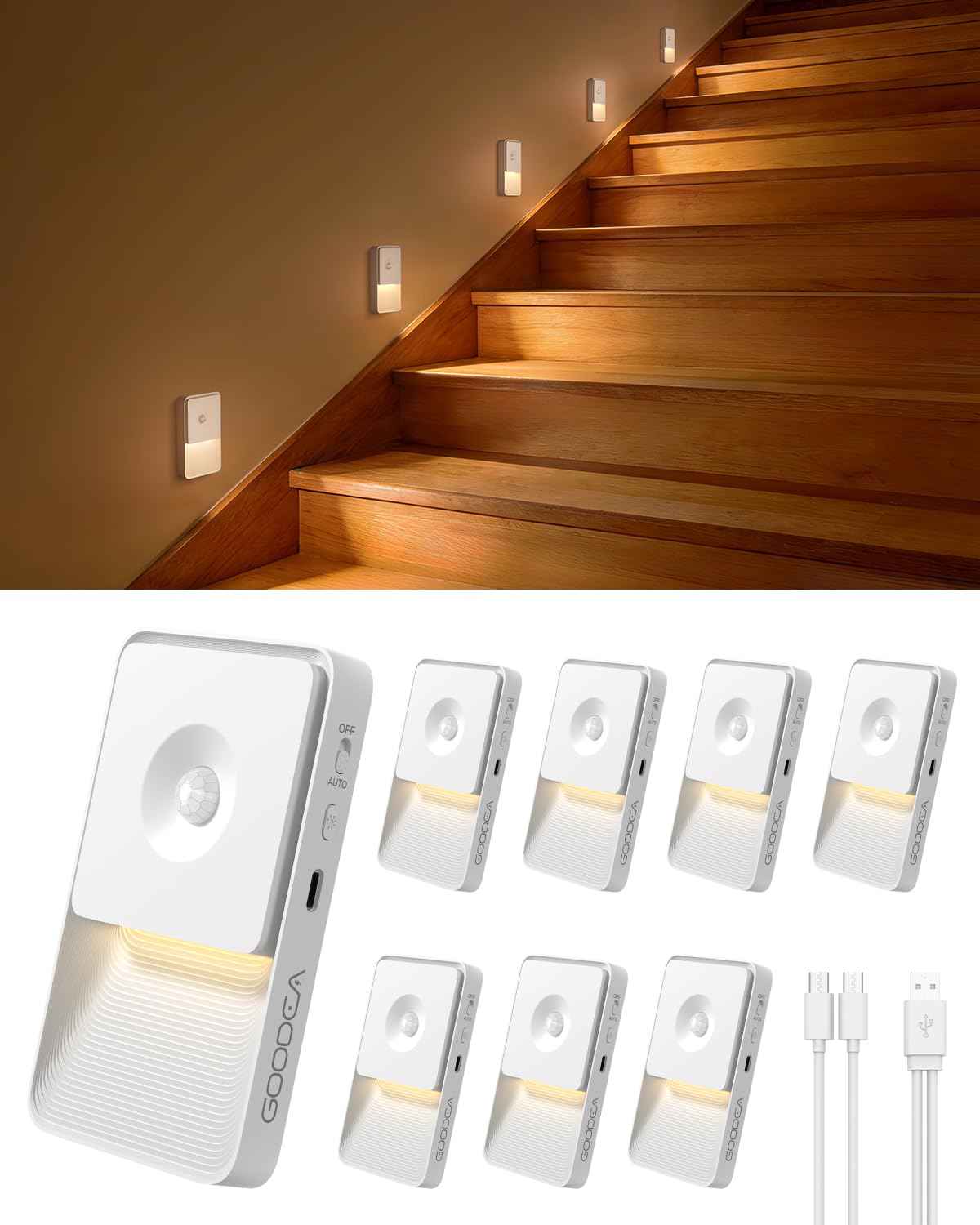 GOODEA Nachtlicht mit Bewegungsmelder, USB C Aufladbar Bewegungsmelder Licht bis zu 70 Tage - Dimmbar Magnetische Akku Lampe Ohne Steckdose für Flur Treppe Schlafzimmer Bad - Warmes Licht
