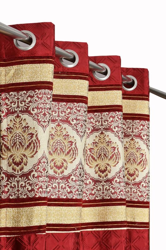 Image of Exporthub Set of 2 Pc Heavy Quality Premium Curtains Flowers Patch Design Maroon Color Long Door Curtains - Long Door - 9 feet (EHSPR960 94)