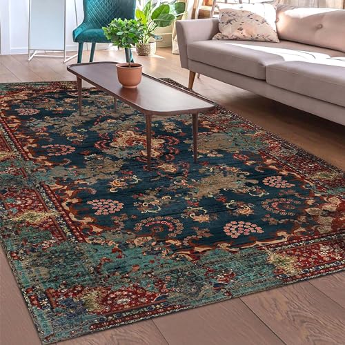 bamyum Kinevart Bedruckter Teppich Chenille-Druck Maschinell Hergestellt 160x230 cm, Waschbarer Multicolor Vintage Teppich Schlafzimmer, Antibakteriell, Antirutschunterlage, Küchenteppich
