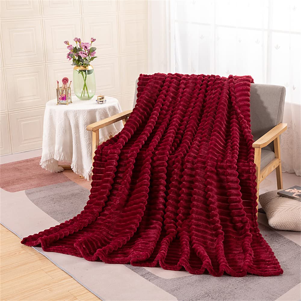 Enen Burgundy Ribbed Cord Faux Throw Blanket Fur Coral Fleece Sofa Bed Throwover Soft Touch Blanket Stripe Flannel Blanket For Sofa Bed Office Use (150X200cm,)