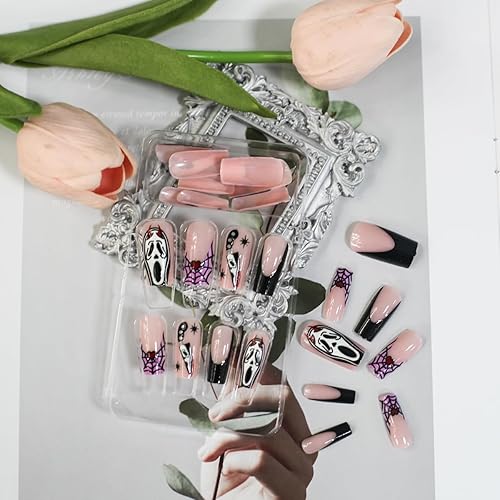 Miniatura 3 de Uñas postizas a presión para Halloween, uñas acrílicas cuadradas largas con máscara de la muerte y diseños de telaraña, uñas postizas con cuchillo