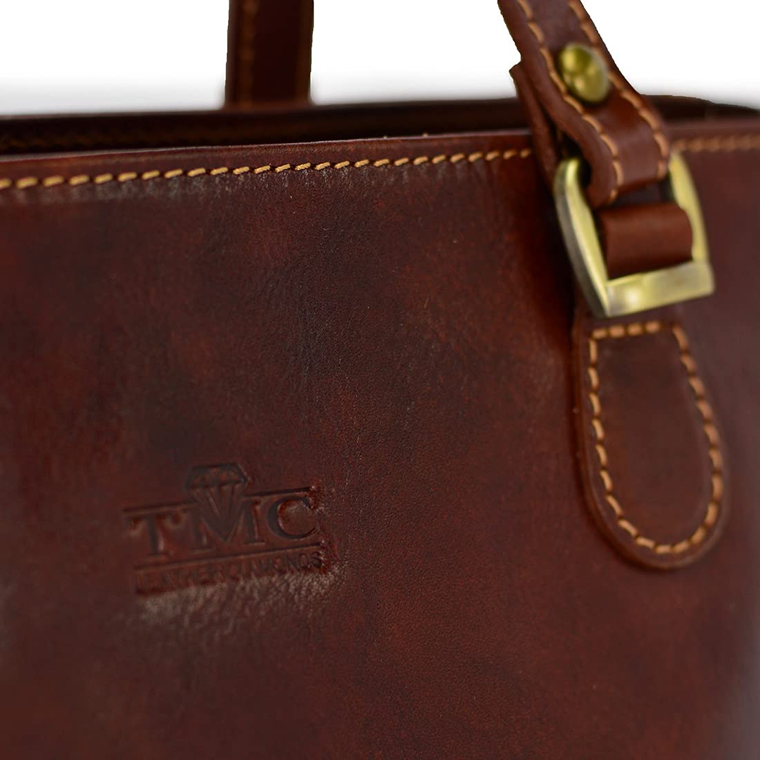 TMC LEATHER DIAMONDS Skórzana shopper Florence 14, brązowa, dwukomorowa, 40x12x28cm, złote okucia, skóra licowa, damska, naturalna