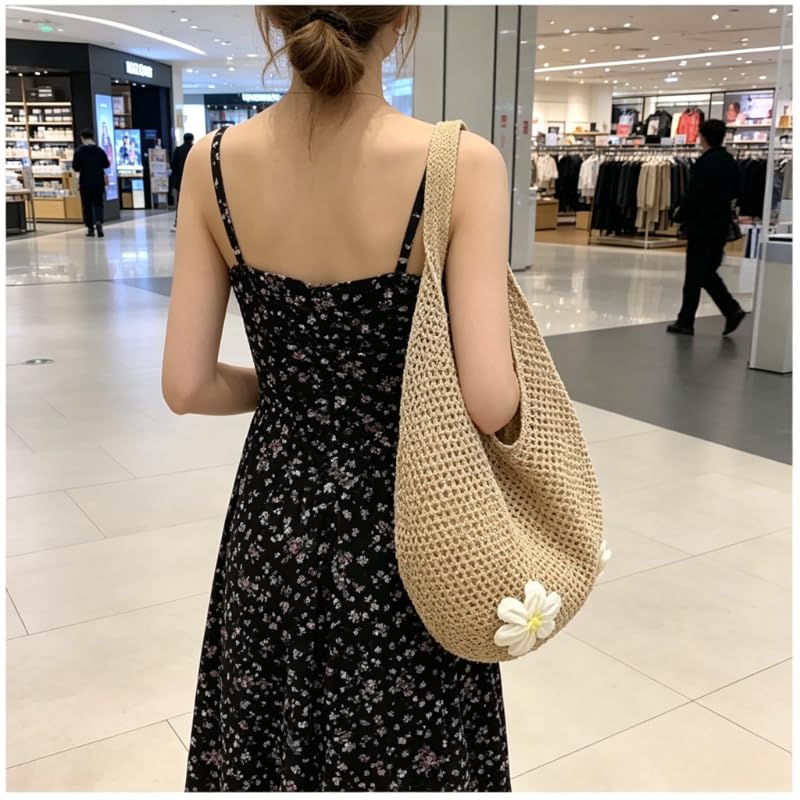 Bolso Tote de paja color sólido para mujer miniatura 4