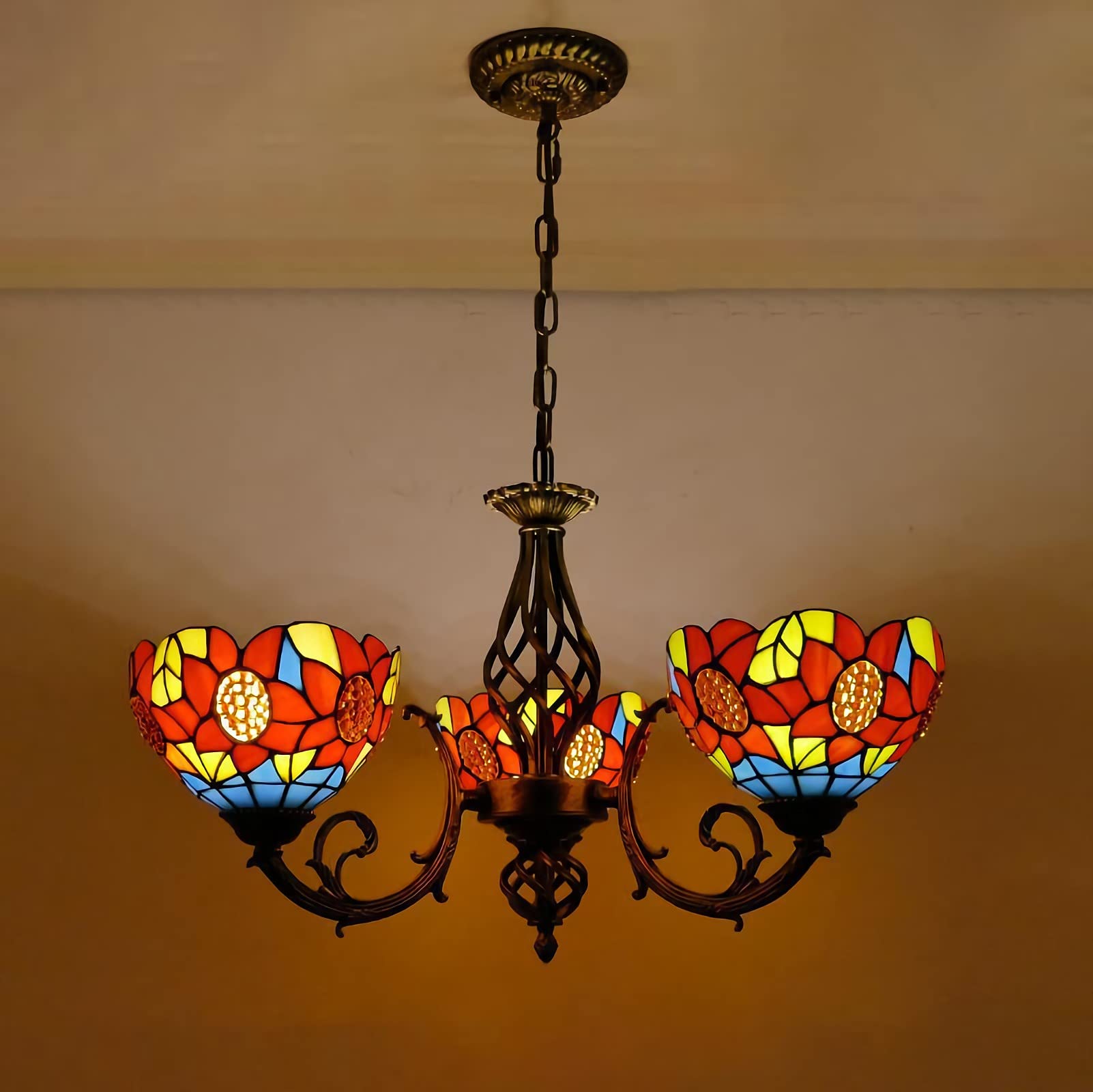 Tiffany Style Chandeliers, Stained Glass Pendant Light, 3 Light, Antique Vintage Adjustable Ceiling Light for Living Room Bedroom Dining Room,Sun Flower
