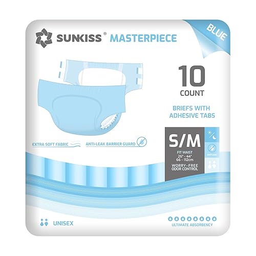 SUNKISS Masterpiece Adult Diapers with Tabs, Unisex Disposable Incontinence Briefs for Women and Men, Odor Control, Blue, S/M, 10 Count - Small/Medium - Blue (Pack of 10)