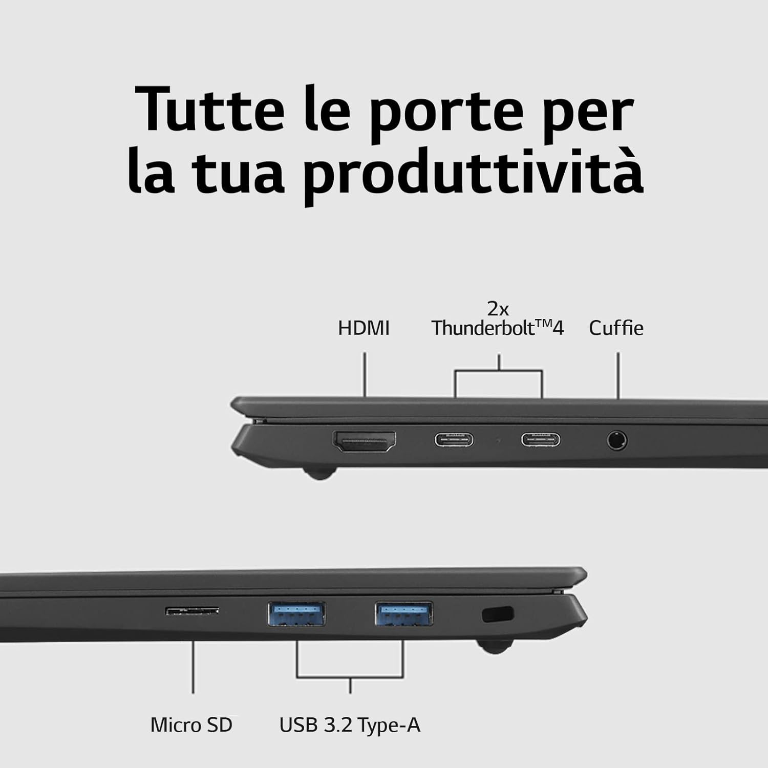 LG Gram 16Z90R, Display Anti-Glare IPS 16 QHD 16:10, 2560x1600, Intel EVO i7-1360P, RAM 16GB DDR5, SSD 1TB, Intel Iris Xe, Batteria 80Wh, Thunderbolt4, Win11 Home, Tastiera Italiana, 1199g, Grigio