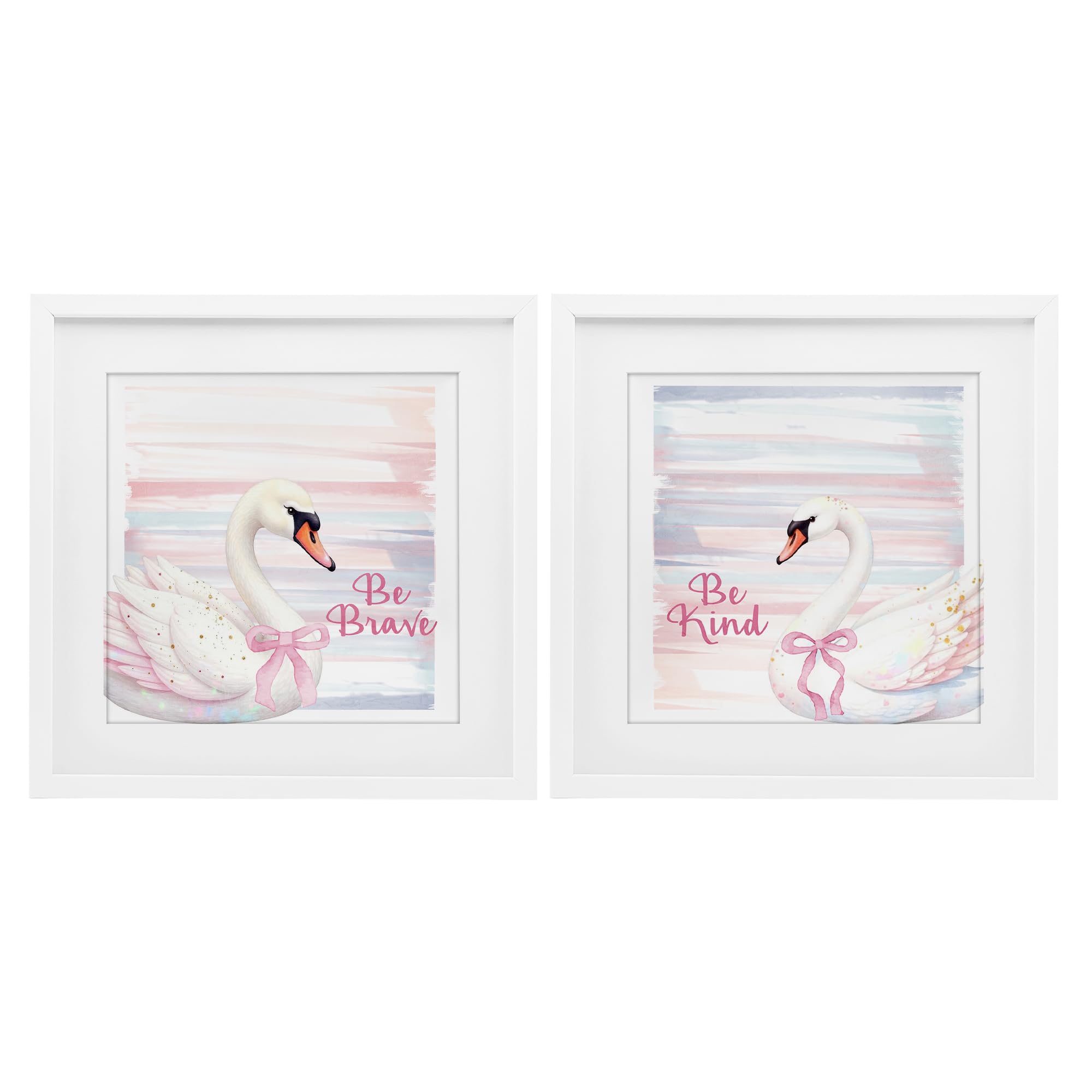 Stupell Industries Be Brave & Kind Pastel Swan 2 Piece Birch Framed Print Under Glass Set, design by Kim Allen, 13 x 13