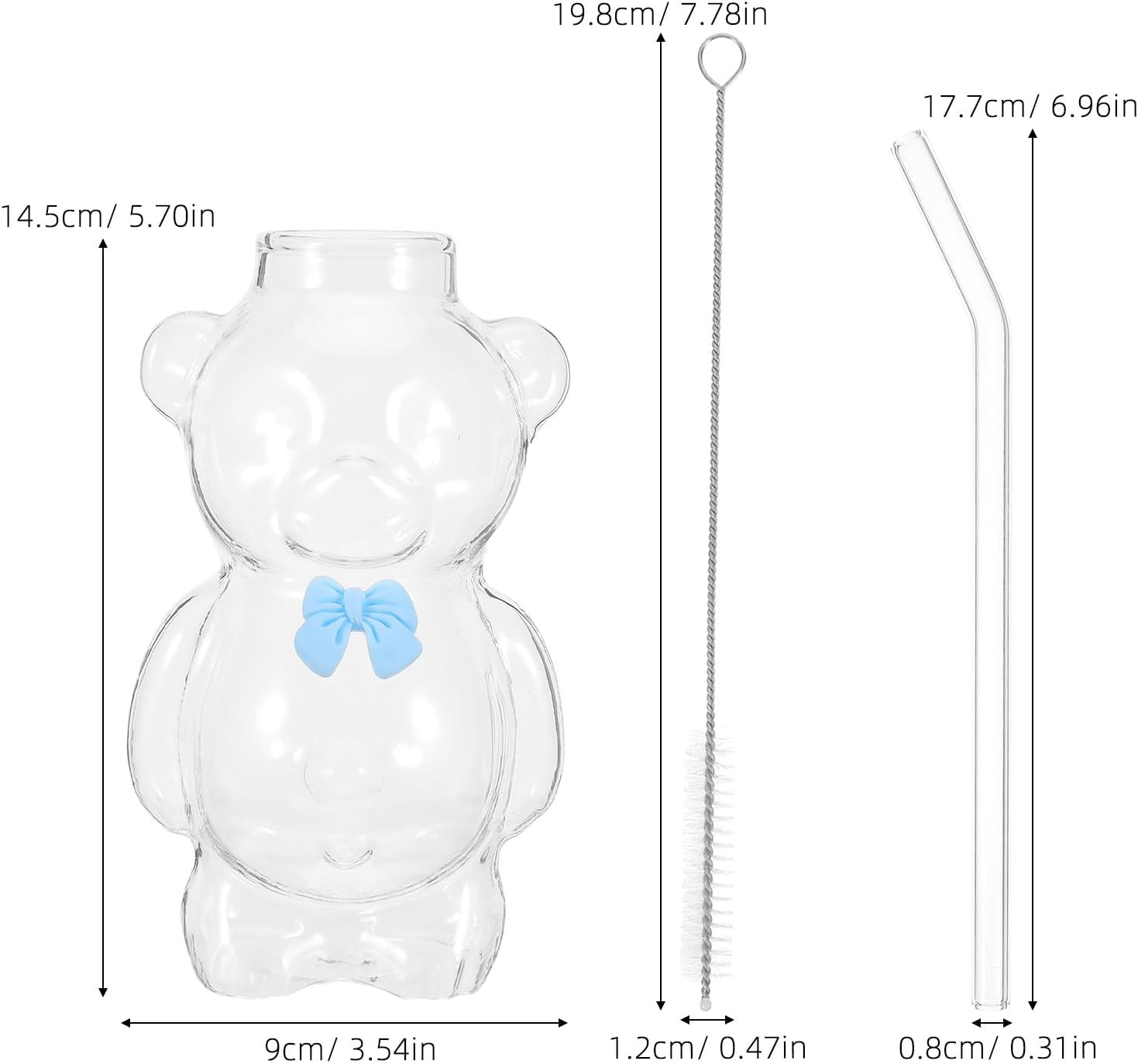 KICHOUSE 1 Set Glass Bear Mug - 320ml Transparent Glass Water Cup With Straw/Cleaning Brush For Juice Milk Hot Chocolate - Glassware Party Decoration For Hotel Restaurant Bar