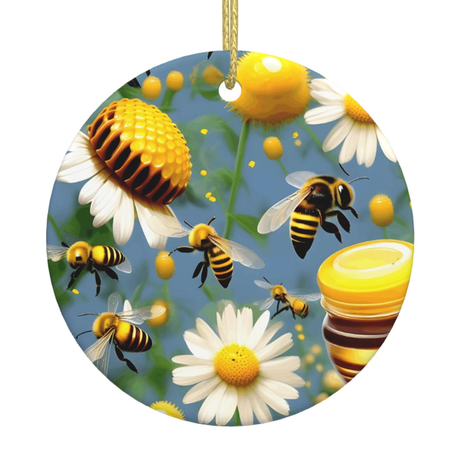 Flying Bees Daisy Honey Print Christmas Ornaments, Ceramic Hanging Ornament, Round Shape Decorations