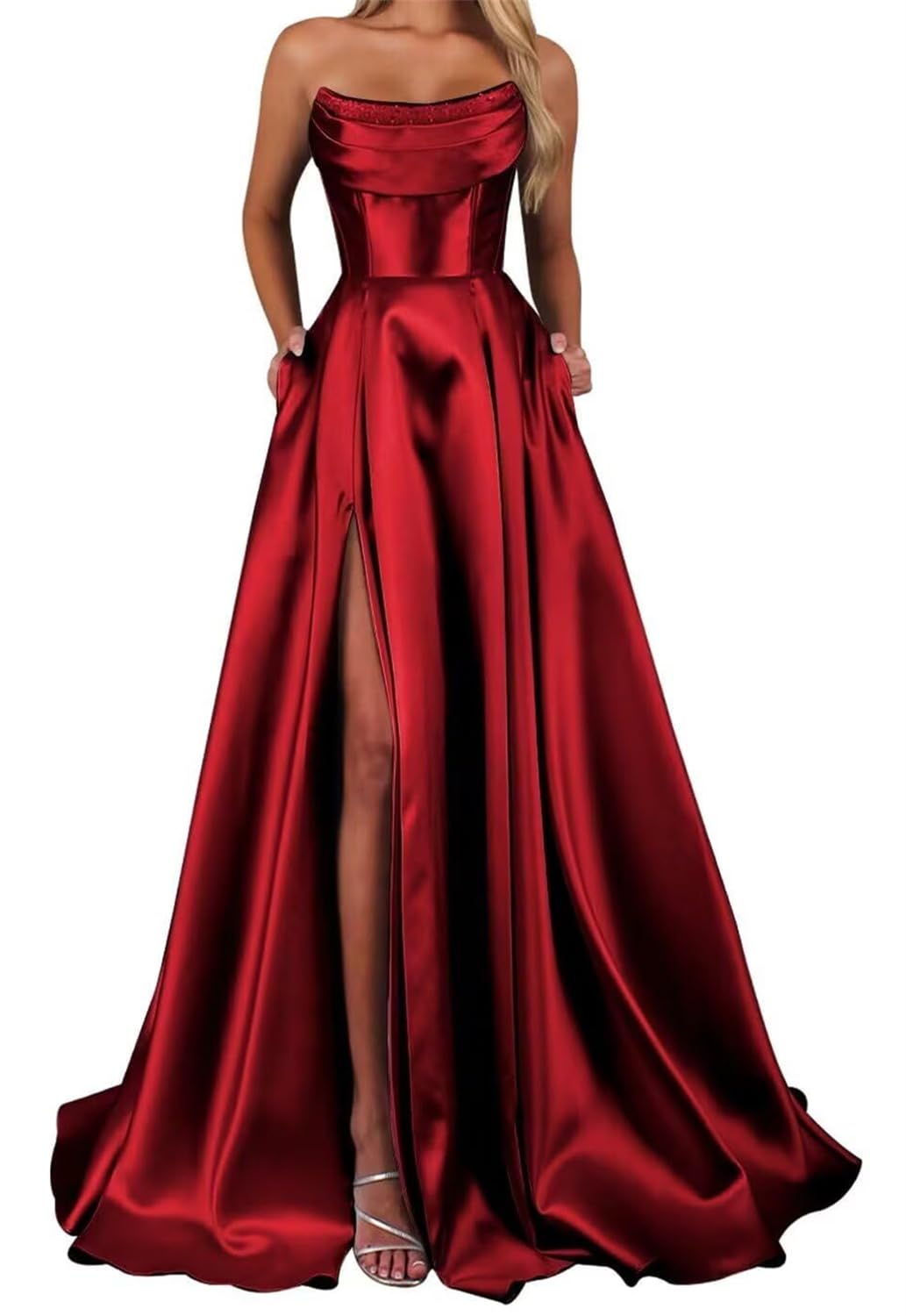 Hppee Women's Burgundy Prom Dresses Long Ball Gown For With Slit Pockets Corset A Line Strapless Evening Formal Dress Uk12