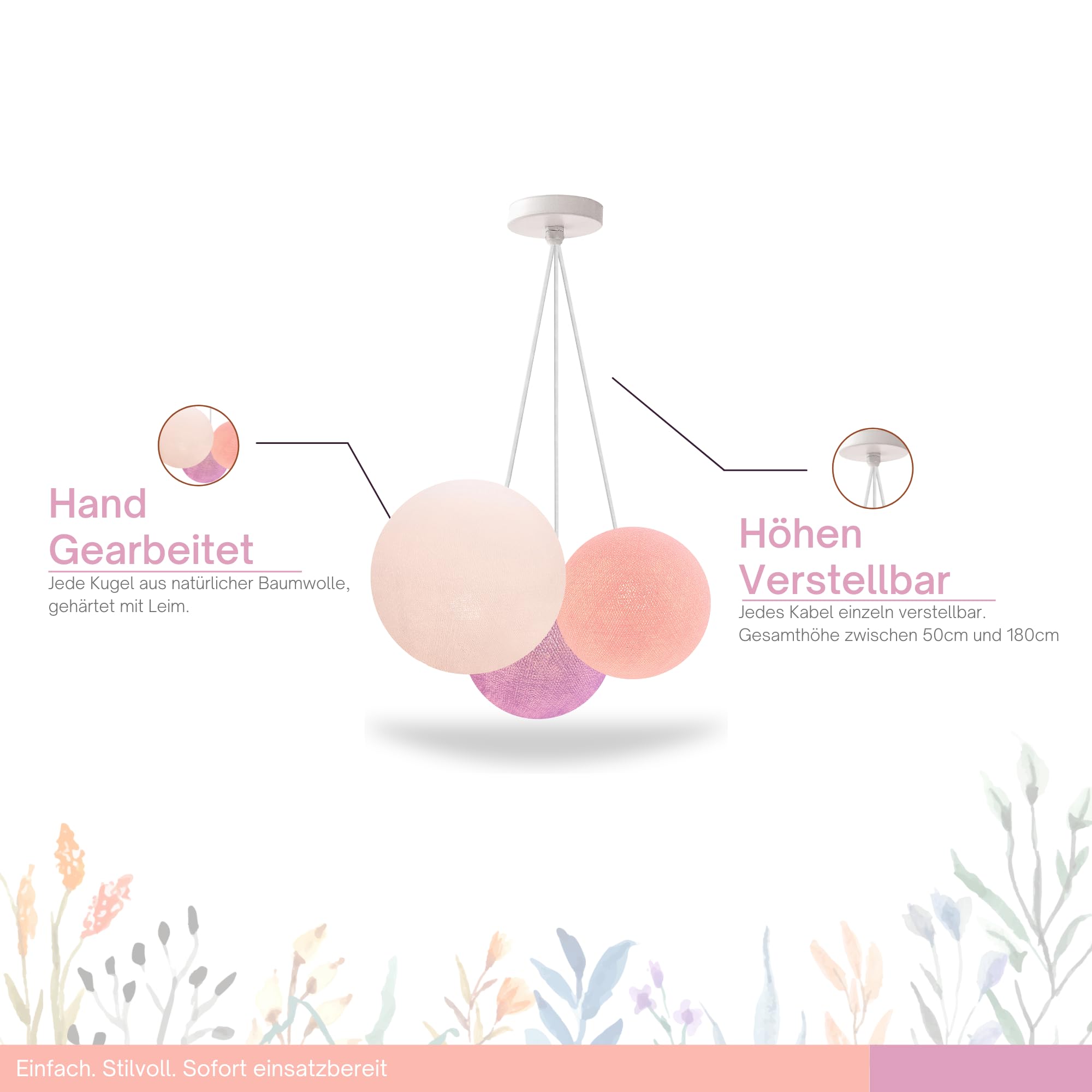 CREATIVECOTTON Hängelampe mit handgearbeiteten Kugeln (Blumenwiese, 3-flammig)