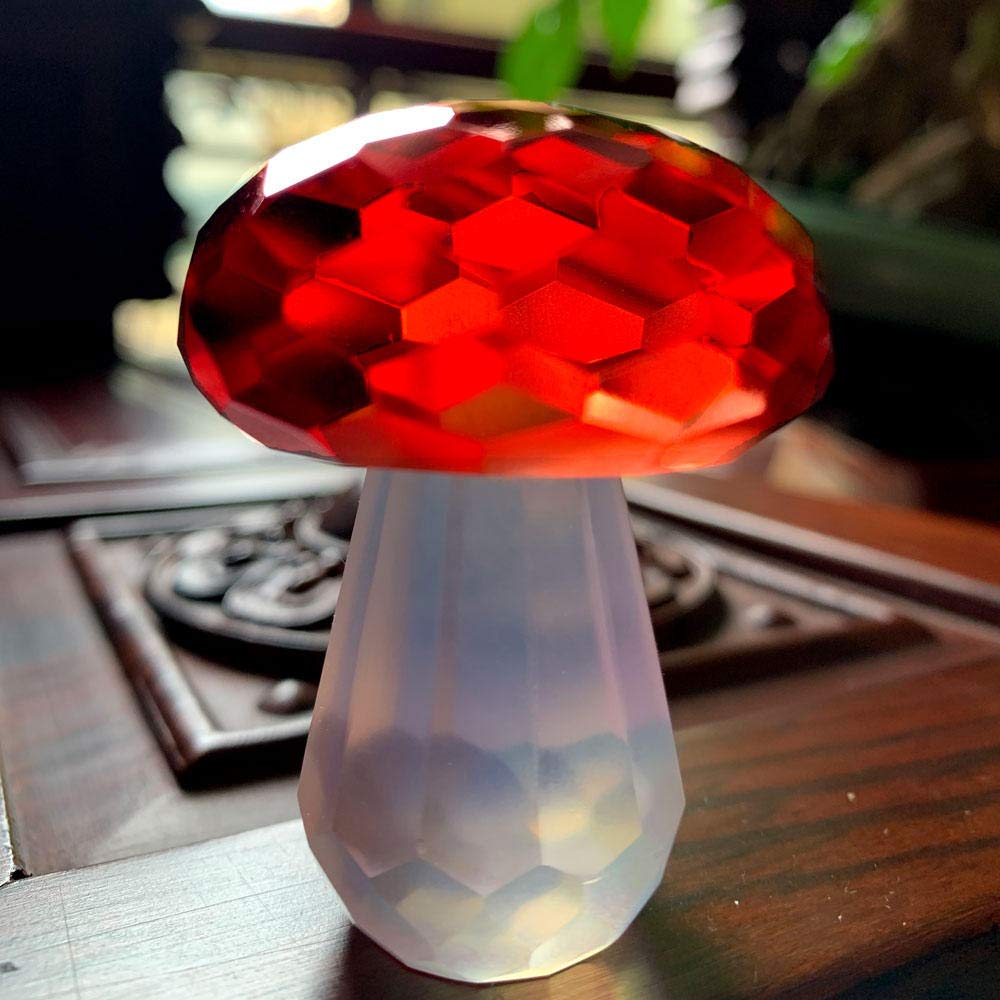 MCWJ 4 Colors Crystal Mushroom Figurines Ornament Glass Craft Home Table Decoratons, Lady Kids Gift With Gift Boxes-Red