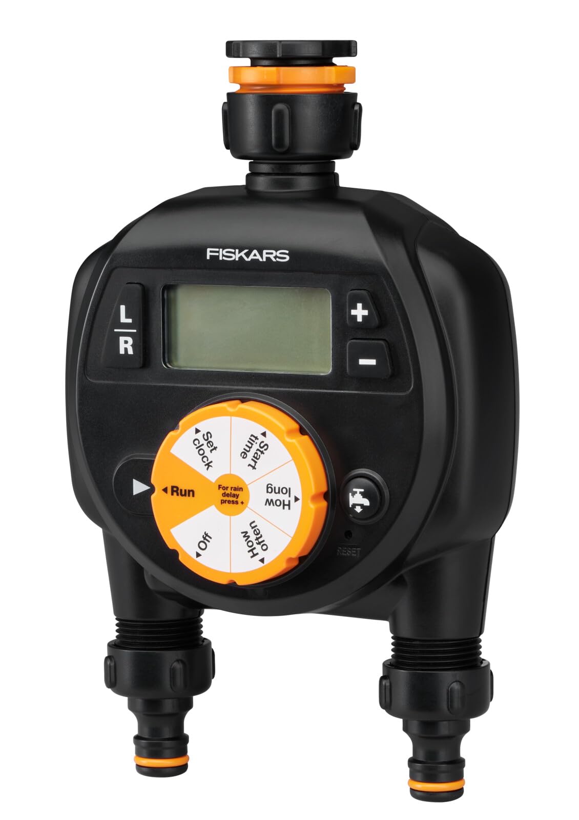 Fiskars Programmateur à 2 Sorties, Pour toutes les Tailles de Robinets courantes, Écran LCD facile à lire, Taille universelle, 580 g, Noir/Orange, 1054792