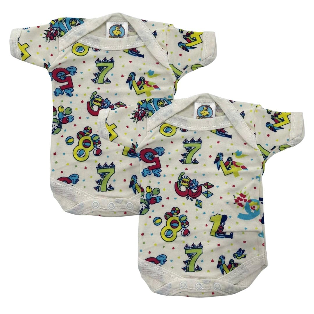 Junior Joy – 2 Pack Baby Cream Printed Bodysuits for Premature Babies, Envelope Neck, Short Sleeves, 100% Cotton, Popper Fastening for Easy Nappy Changes