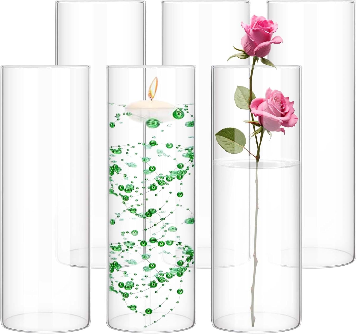 6 Pack Glass Cylinder Vases 10 Inch Tall Clear Flower Vase for Centerpieces, Hurricane Floating Candle Holder Wedding Decorations, Floral Vase Bulk for Table Shelf Party Home Deco (10 x 3.35 Inch) 6 Pack 3.35" W x 10" H