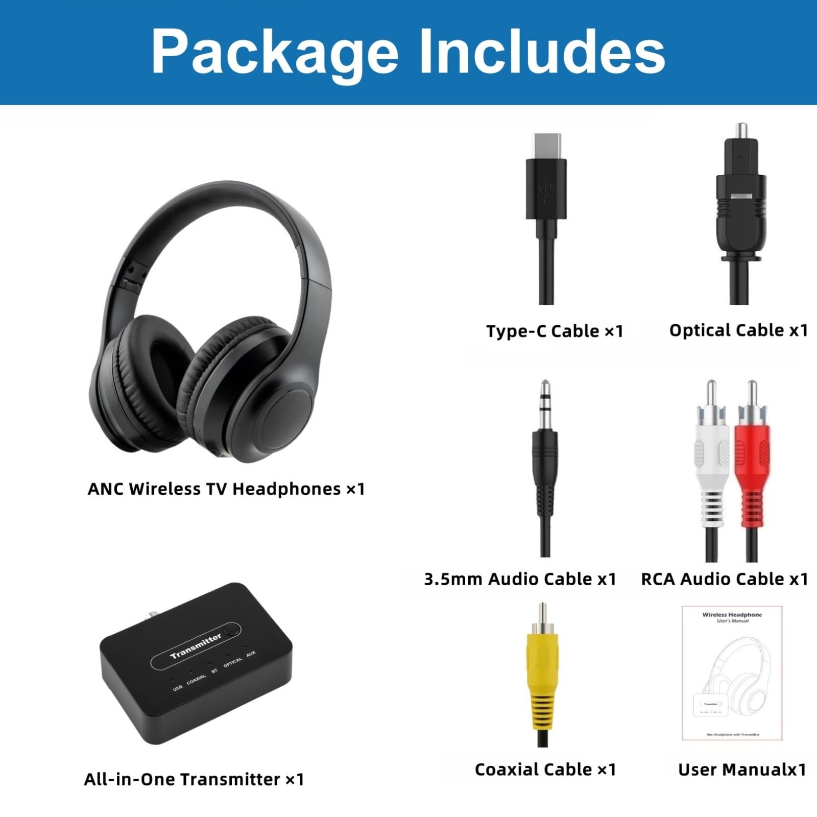 Kabelloser ANC TV Kopfhörer für Senioren - Active Noise Cancelling, Bluetooth 5.3 Over-Ear Funkkopfhörer mit Sender, Hi-Fi Sound, 35h Spielzeit