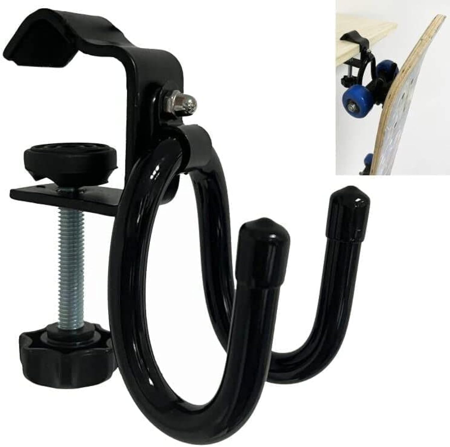Auxphome Black Desk Store Clamp-On Skateboard Holder Skateboard Hooks Skateboard Hanger,Stand Clamp Hook Under Desk Space Save Mount For Headphone, Backpacks, Longboard, Mini Cruiser And More