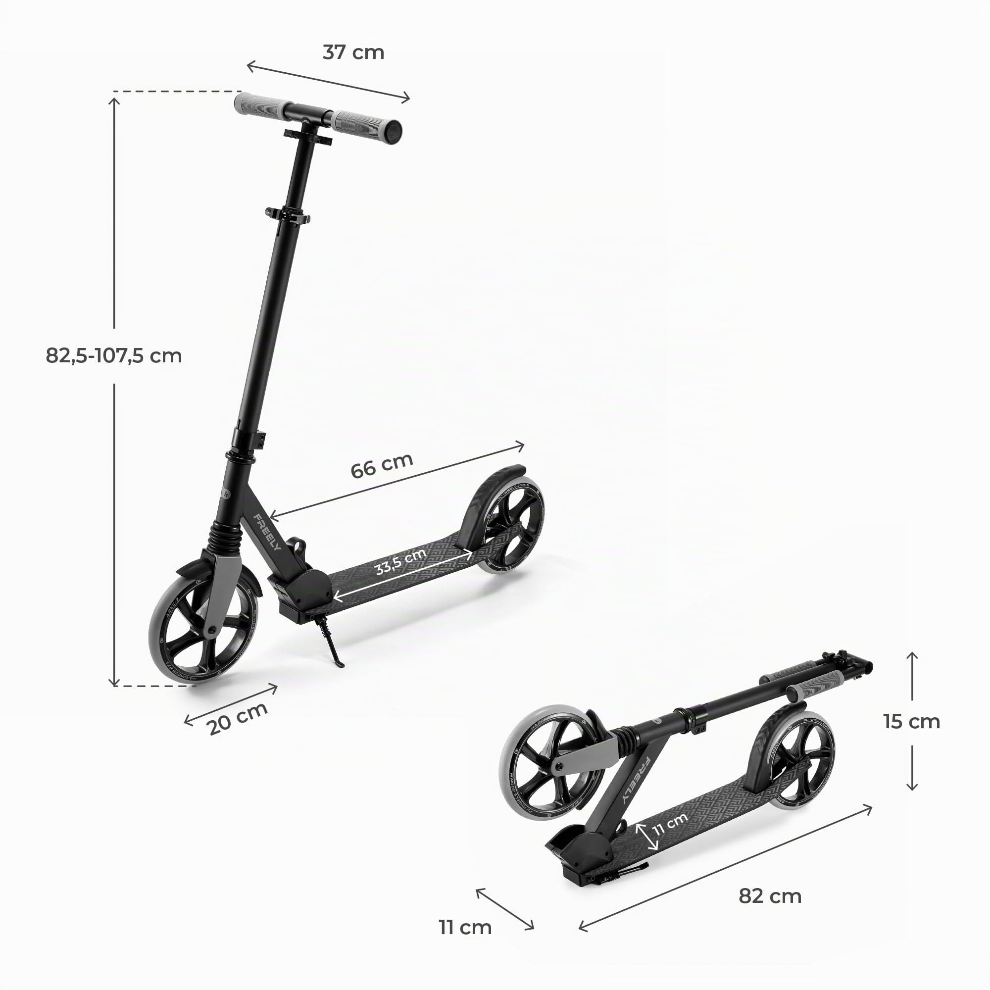 Kinderkraft Freely up to 100 kg, Scooter, Foldable Scooter, for Children from 5 Years and Adults, Large 20 cm PU Wheels, Adjustable Handlebar Height from 82 cm to 105 cm