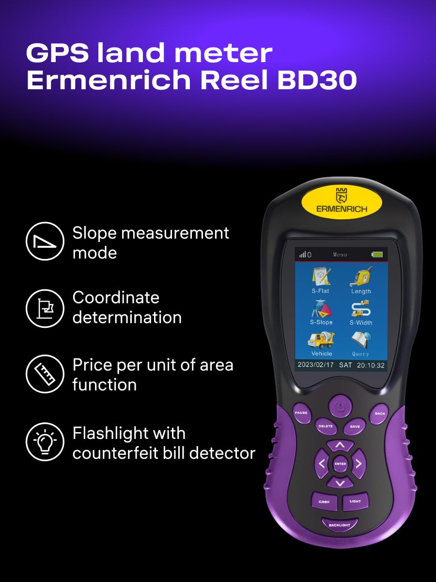 Reel BD30 Misuratore Superficie GPS Terreno Portatile per Agricoltura Foresta Campo Lago Area Lunghezza Calcolo Prezzo Modalità Automatica Manuale Memoria Display Batteria Ricaricabile