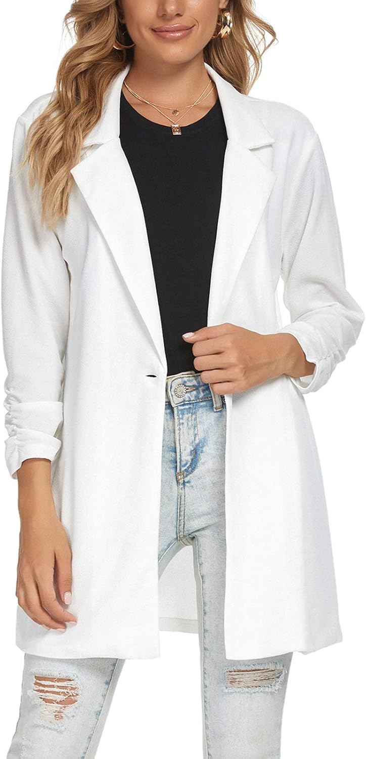 Unifizz Women's Ruched 3/4 Sleeve Blazers Open Front Lightweight Slim Lapel Button Long Blazer Work Office Jacket - Image 7