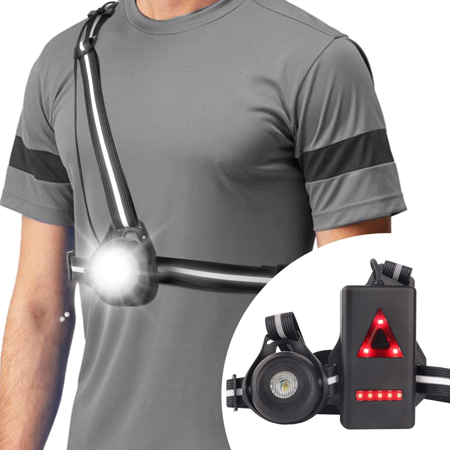 Linist Night Running Lights USB Rechargeable 90° Adjustable Beam Angle 500 Lumens, 2000mAh Battery Chest Light with Safety Warning Lamp for Runners Outdoor, Walking, Running, Camping,Cycling