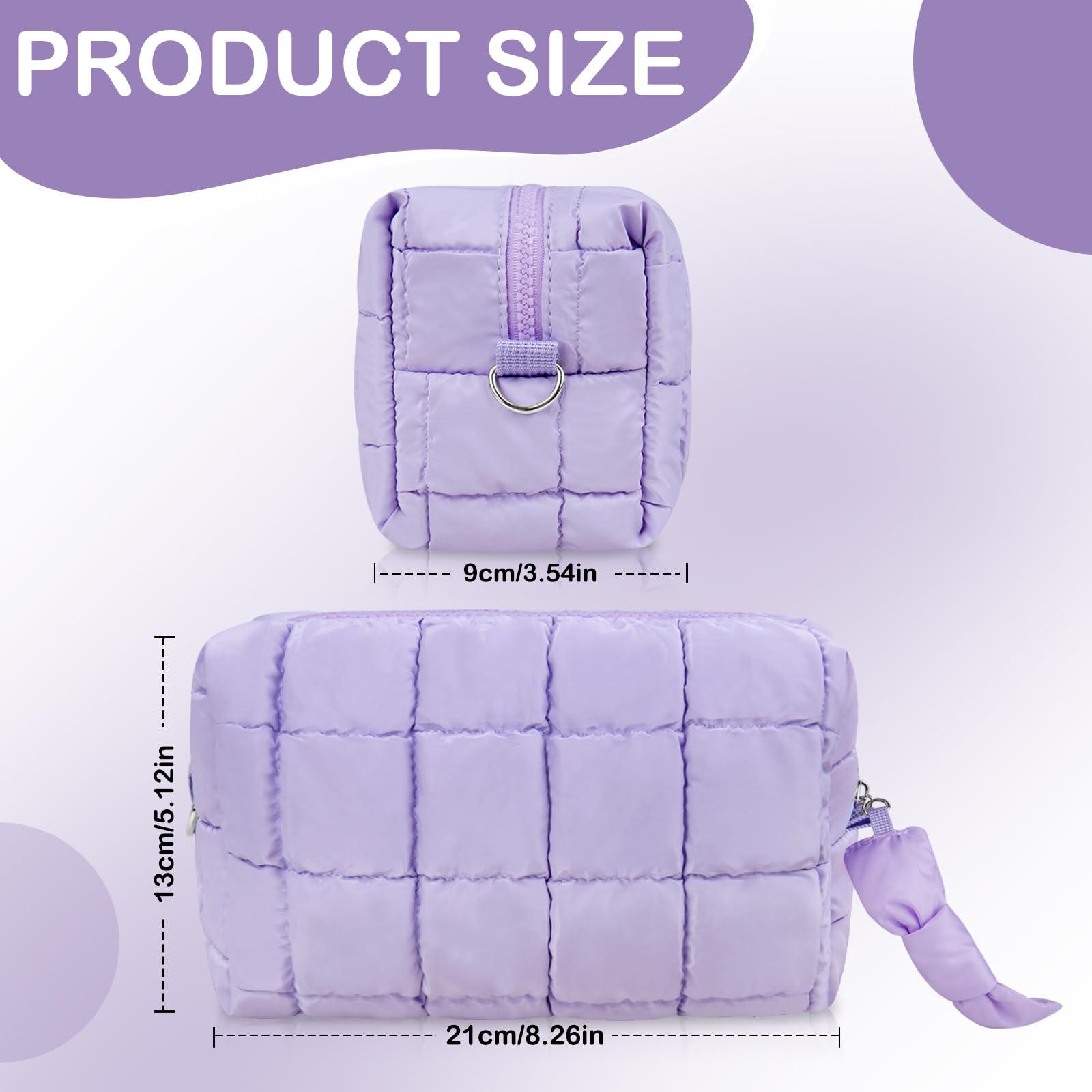 Quilted Makeup Bag, Checkered Cosmetic Bags with Divider, Waterproof Travel Toiletry Bag, Puffy Make up Pouch for Women Travel Essentials (Purple)