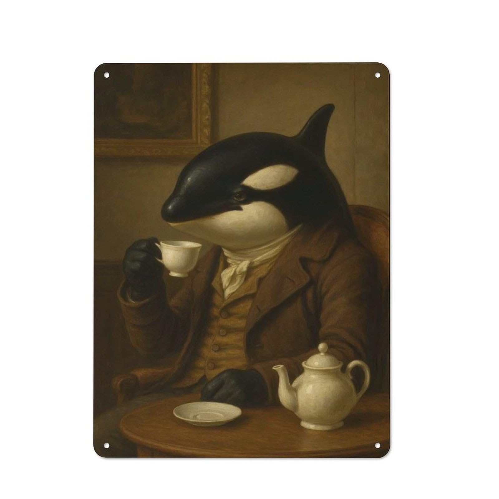 Junmoney Orca Gentleman Drinking Tea Vintage Metal Plaque 40X30cm For Living Room Or Hallway, A Christmas Gift For People Styling Living Room And Hallway