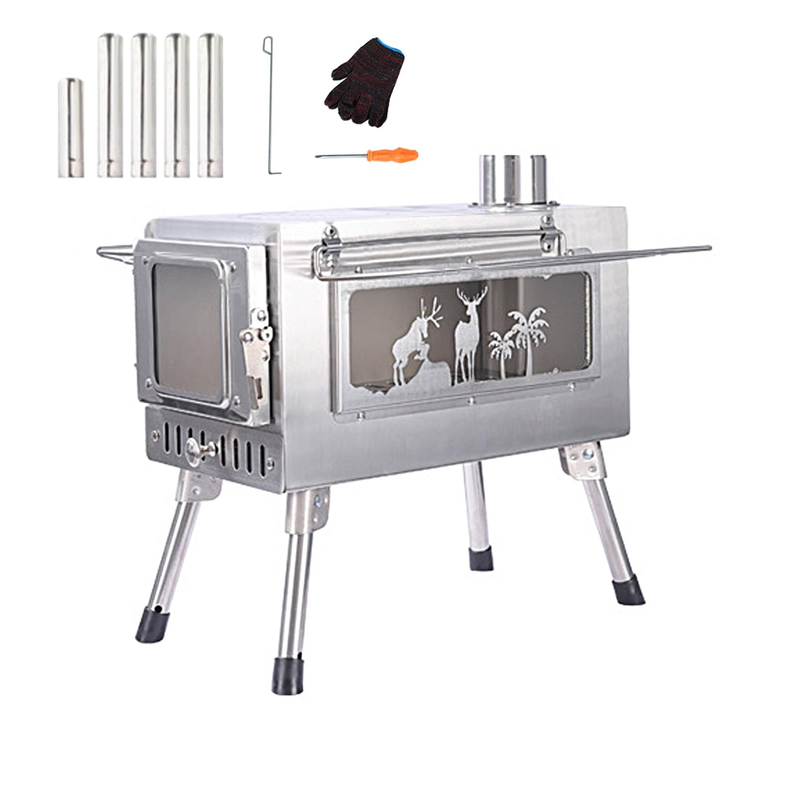 Poele a Bois Portable Pliable Rechaud Camping en Acier Inoxydable avec Conduit de Fumée et Crochet À Feu pour Le Camping, La Cuisines, Les Grillades, La Randonnée, La Pêche, La Chasse(54*44*35.1cm)
