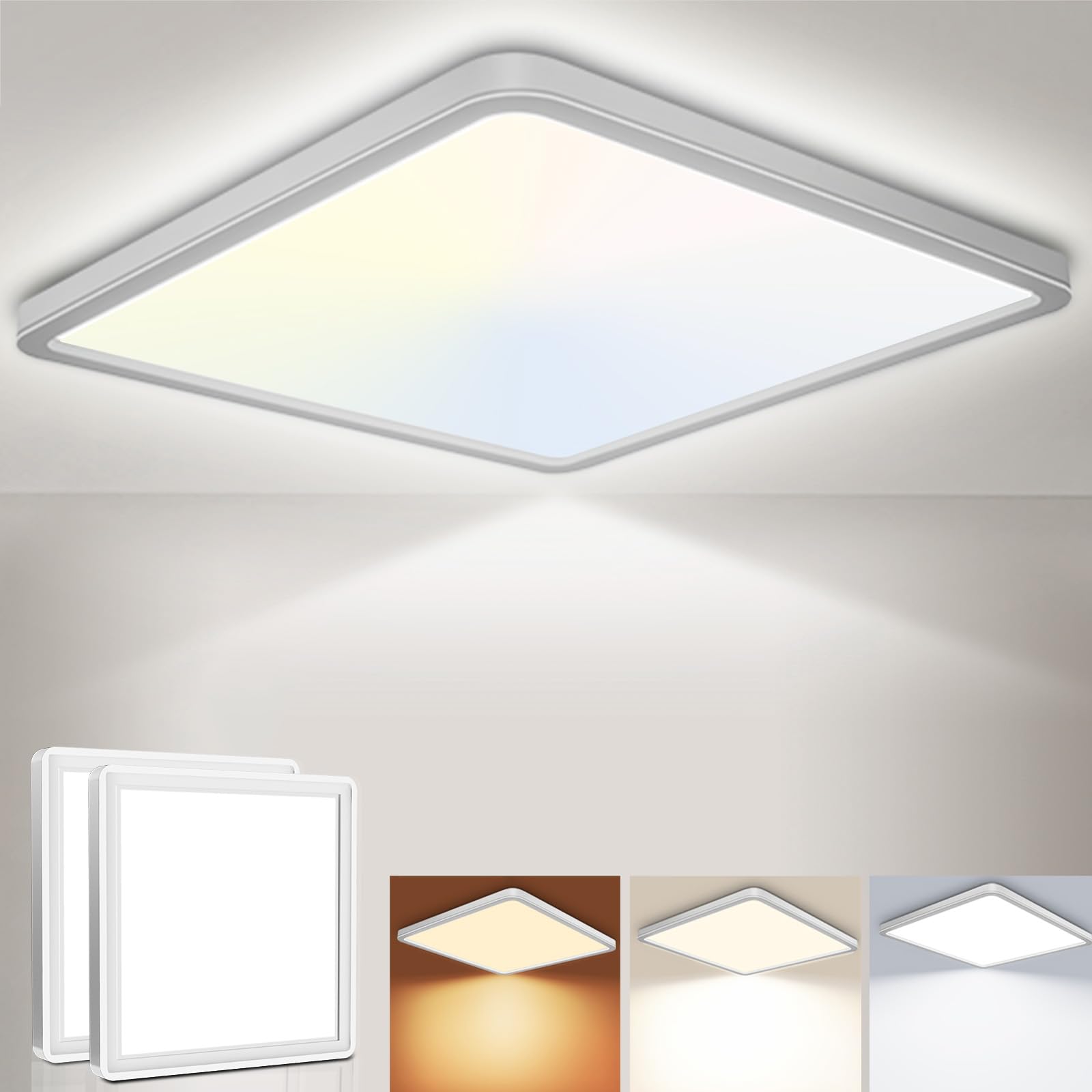 Fynokst White 29Cm Led Ceiling Light 24W 3200Lm, 3000K/4000K/6500K 3 Color Temperature, Ip54 Waterproof Bathroom Light, Modern Square Led Ceiling Light For Bedroom, Kitchen, Hallway, 2Pack