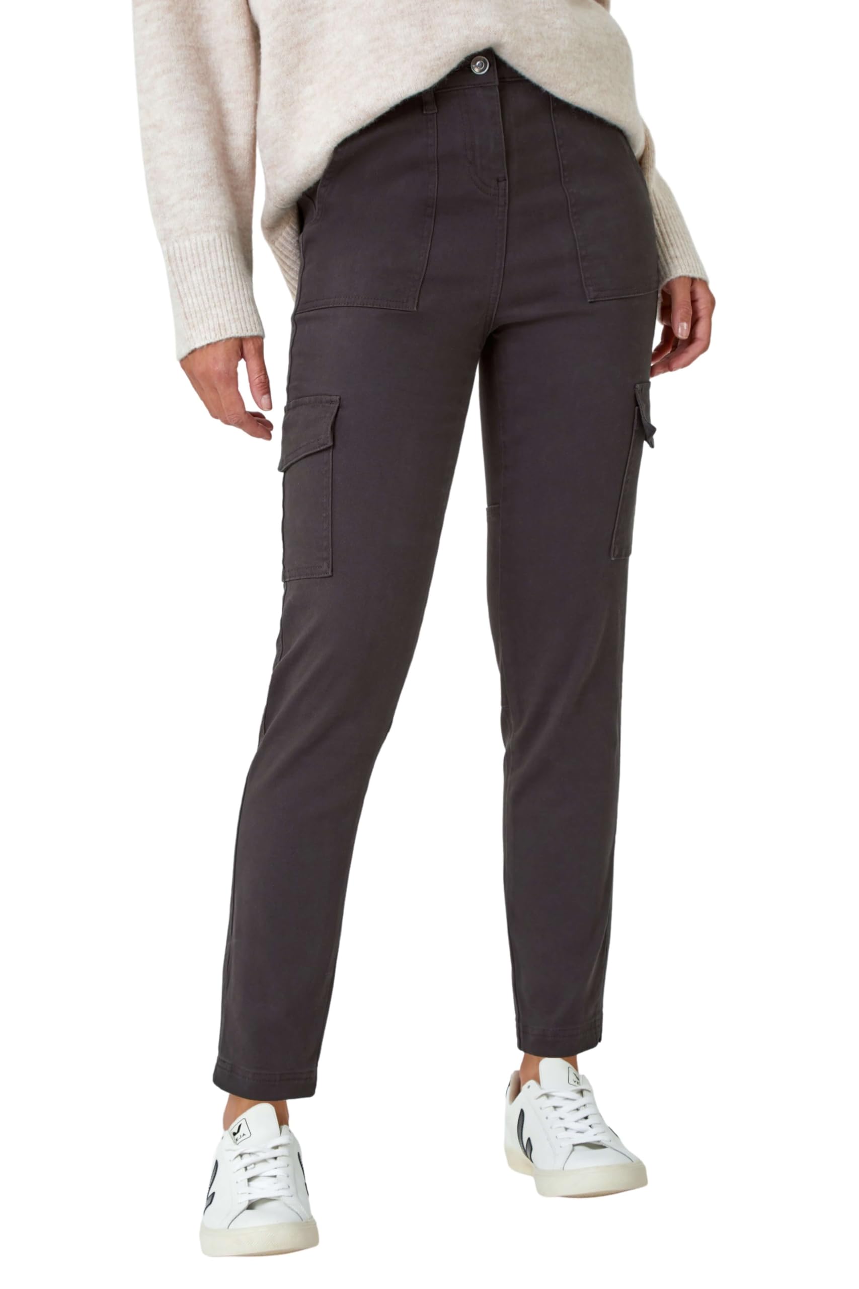 Roman Women's Charcoal Cotton Blend Cargo Stretch Jegging In Size 18
