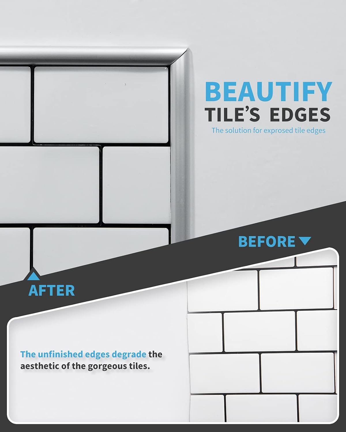 Art3d 10 Ft Peel and Stick Trim for Backsplash Tile Edge, Self-Adhesive Liner for Corner Decor in Silver - - 