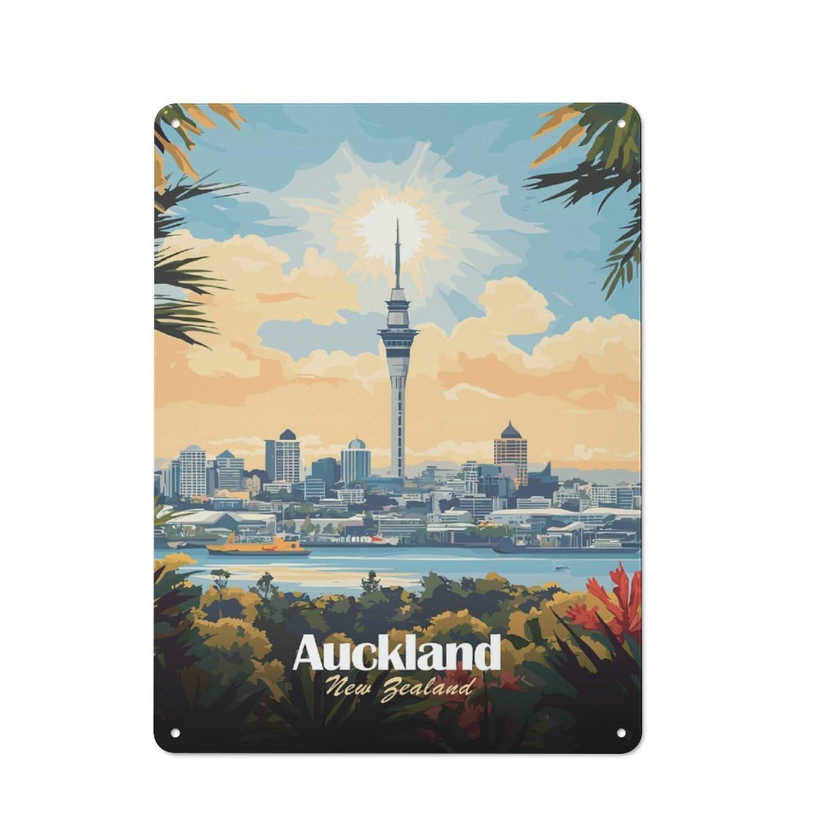 Garage Style Decorative Metal Plaque 40x30cm Featuring Auckland Skyline, Garage Wall Decor for Garage, Workshop, Shed Or Utility Room