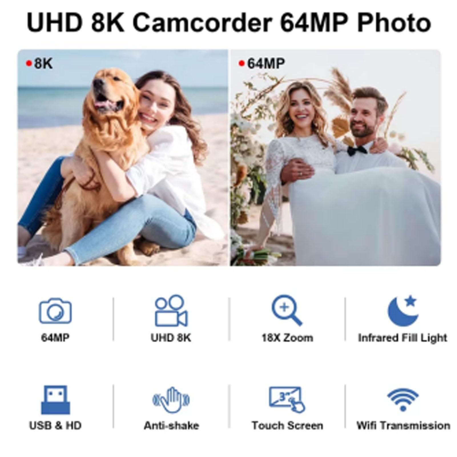 Denash Cámara de Vídeo 8K, Videocámara HD de 64 MP con Pantalla Táctil de 3,0", Zoom Digital de 18x y Estabilización de 6 Ejes, Cámara Vlogging con Micrófono para Fotografía