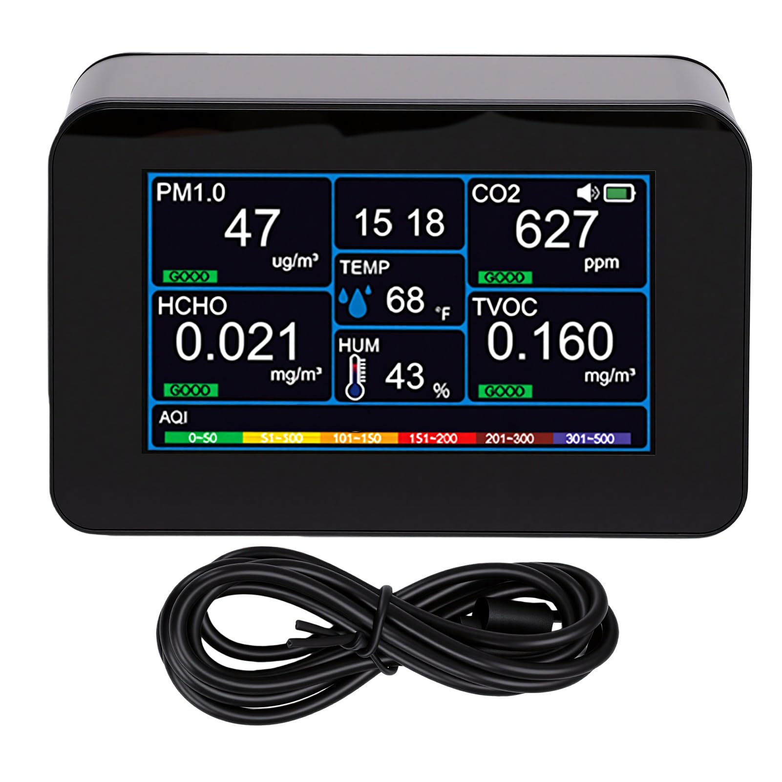 Generic Monitor de Calidad del Aire 11 en 1 para Información sobre Salud, Detección de CO2 HCHO PM2.5 en la Oficina en el Hogar, Probador Portátil Recargable con Pantalla de 4,3"