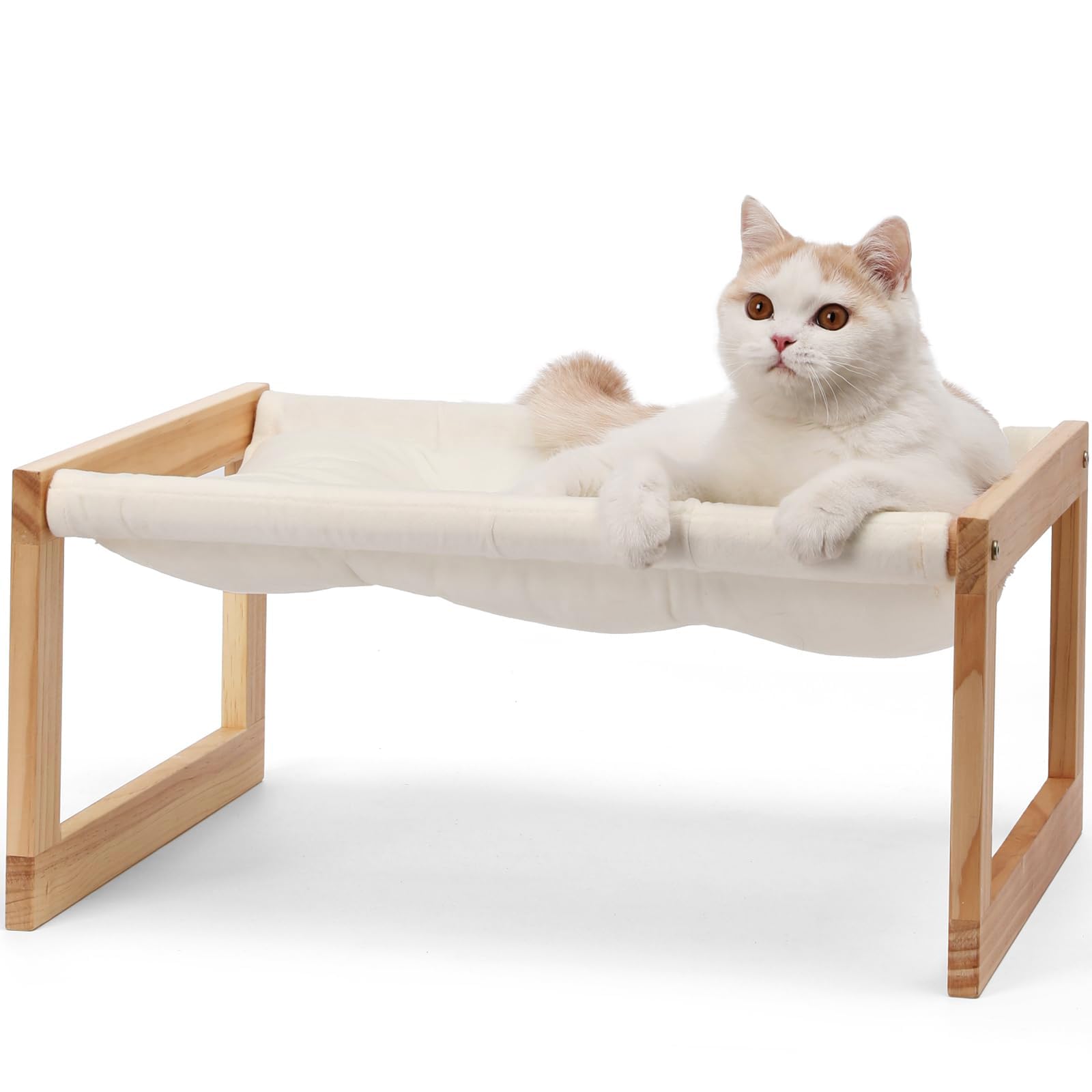 FUKUMARU Lettino Per Gatti Rialzato, in Velluto Felpato per Gatti Interni, Amaca per Gatti con Struttura in Legno Massiccio, 50 x 40 cm, Adatto per Gatti, Cane. Tessuto Lavabile.