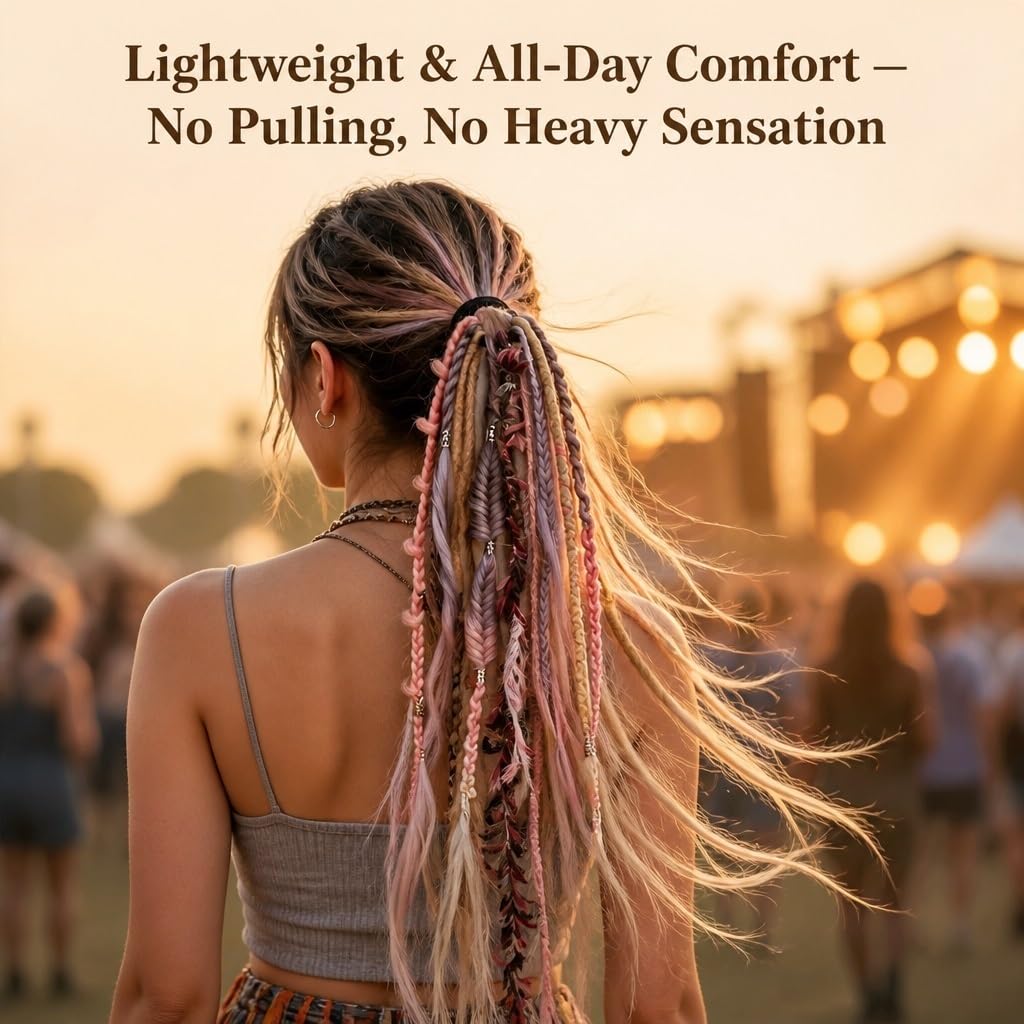 Extension de Cheveux Élastique Dreadlock Queue de Cheval Boho avec Perles, 22", Tresse Viking Effet Plage, Attache Facile en 1 Minute pour Festival & Quotidien(C)