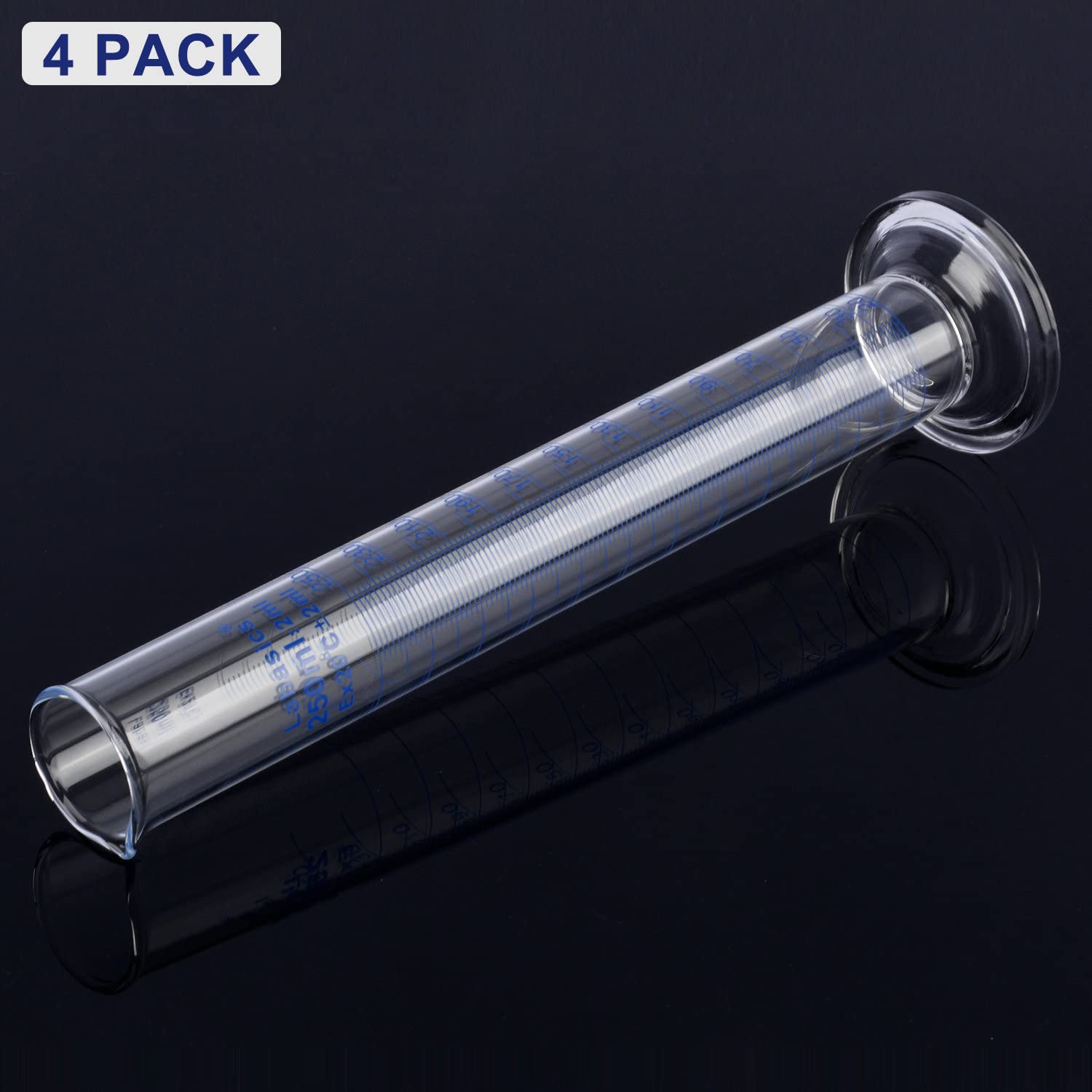 Labasics Cylinder Miarowy 4-Pack Szkło Borokrzemowe 250 ml Cylinder Pomiarowy z Grubą Ścianką Górna Warga Rozszerzona Naczynie Laboratoryjne