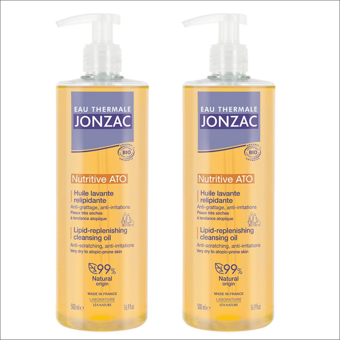 Eau Thermale Jonzac Huile Lavante Relipidante BIO ATO+ | Apaise et calme les démangeaisons | Haute tolérance | Peaux très sèches à tendance atopique | 99% d’origine naturelle | LOT DE 2 x 500 ml