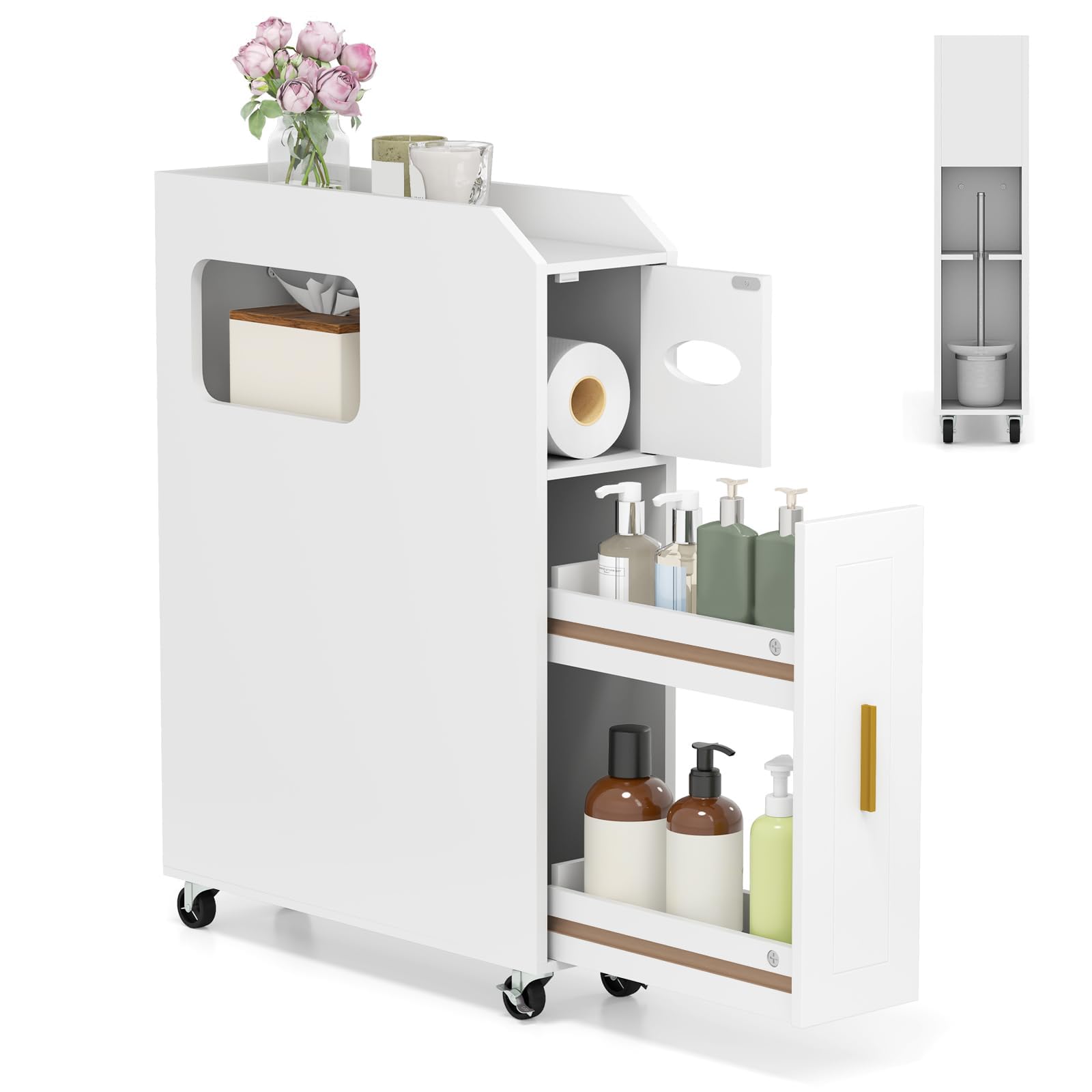 RELAX4LIFE Mobile da Bagno Stretto, Carrellino Salvaspazio con Ruote, Organizzatore Mobiletto Bagno, Porta Carta Igienica, per Spazi Ridotti, 16 x 50 x 69 cm (Bianco)